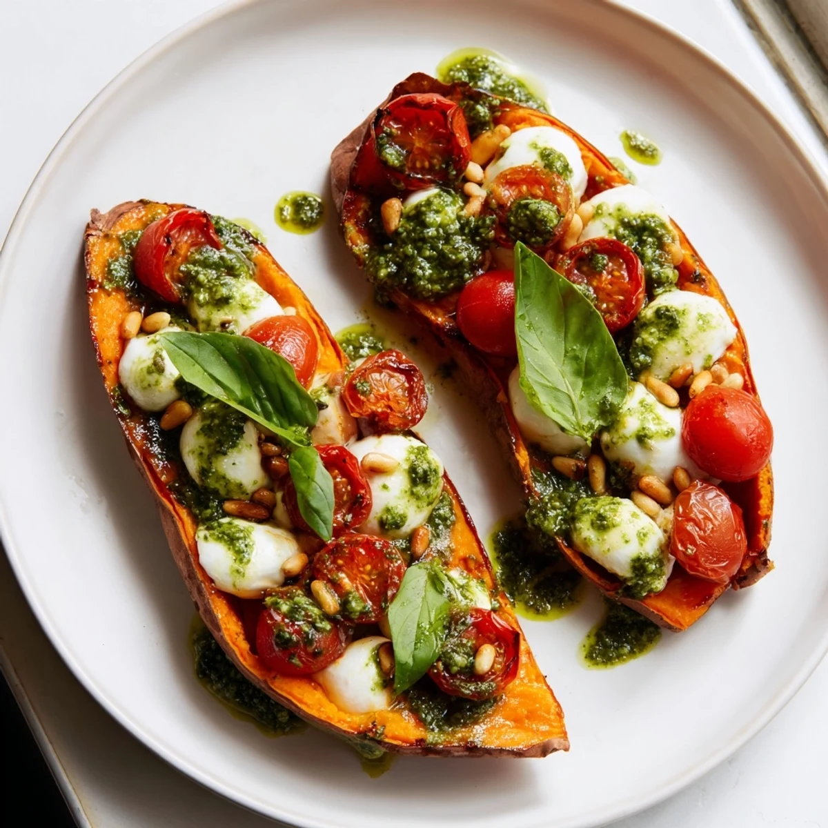 Golden caramelized summer sweet potatoes loaded with juicy tomatoes, creamy mozzarella, and pesto