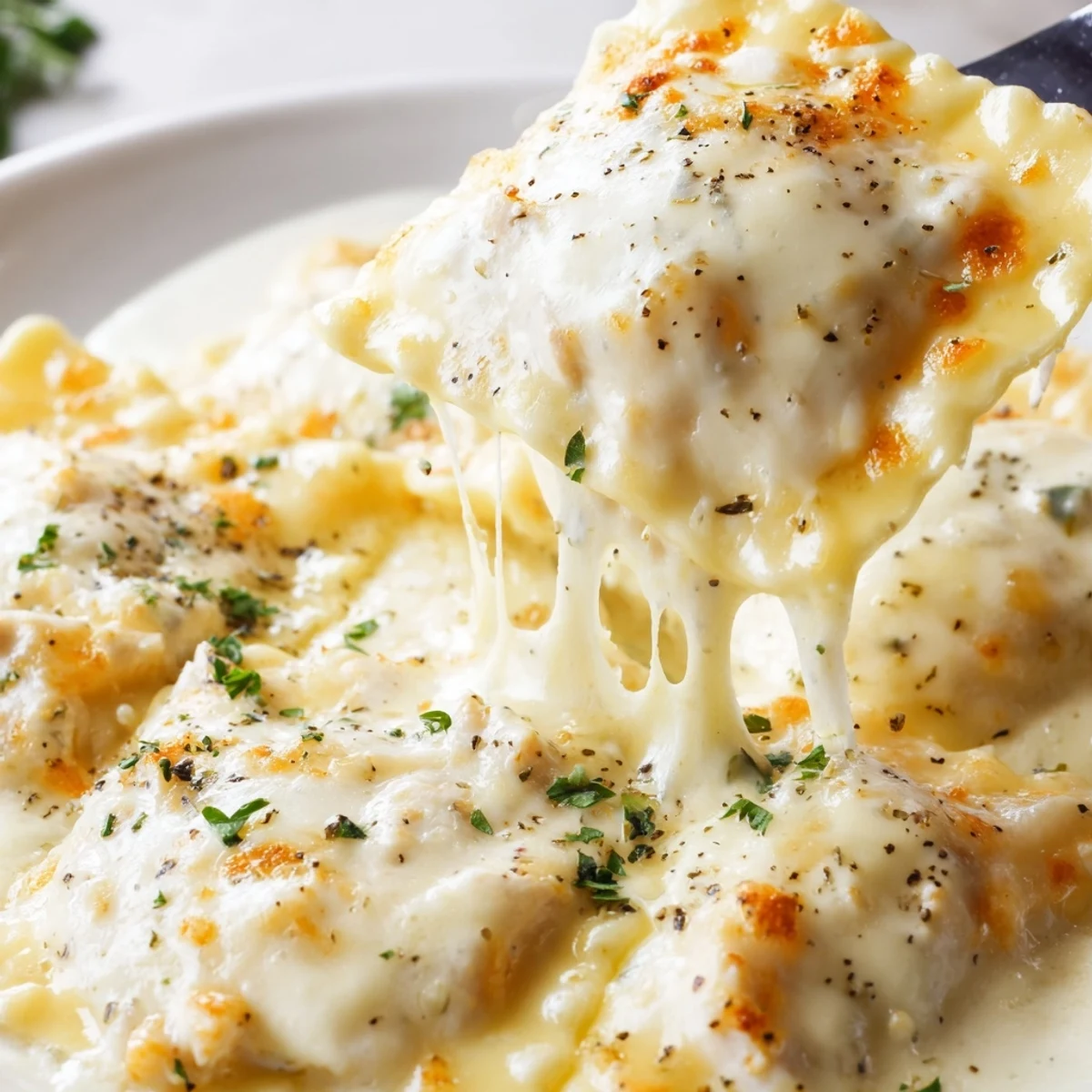 Golden bubbling chicken Alfredo baked ravioli casserole with melted mozzarella cheese topping