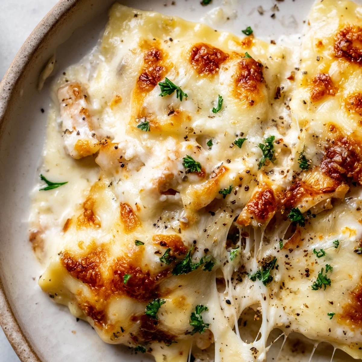 Creamy chicken Alfredo baked ravioli served in a white dish with parsley garnish