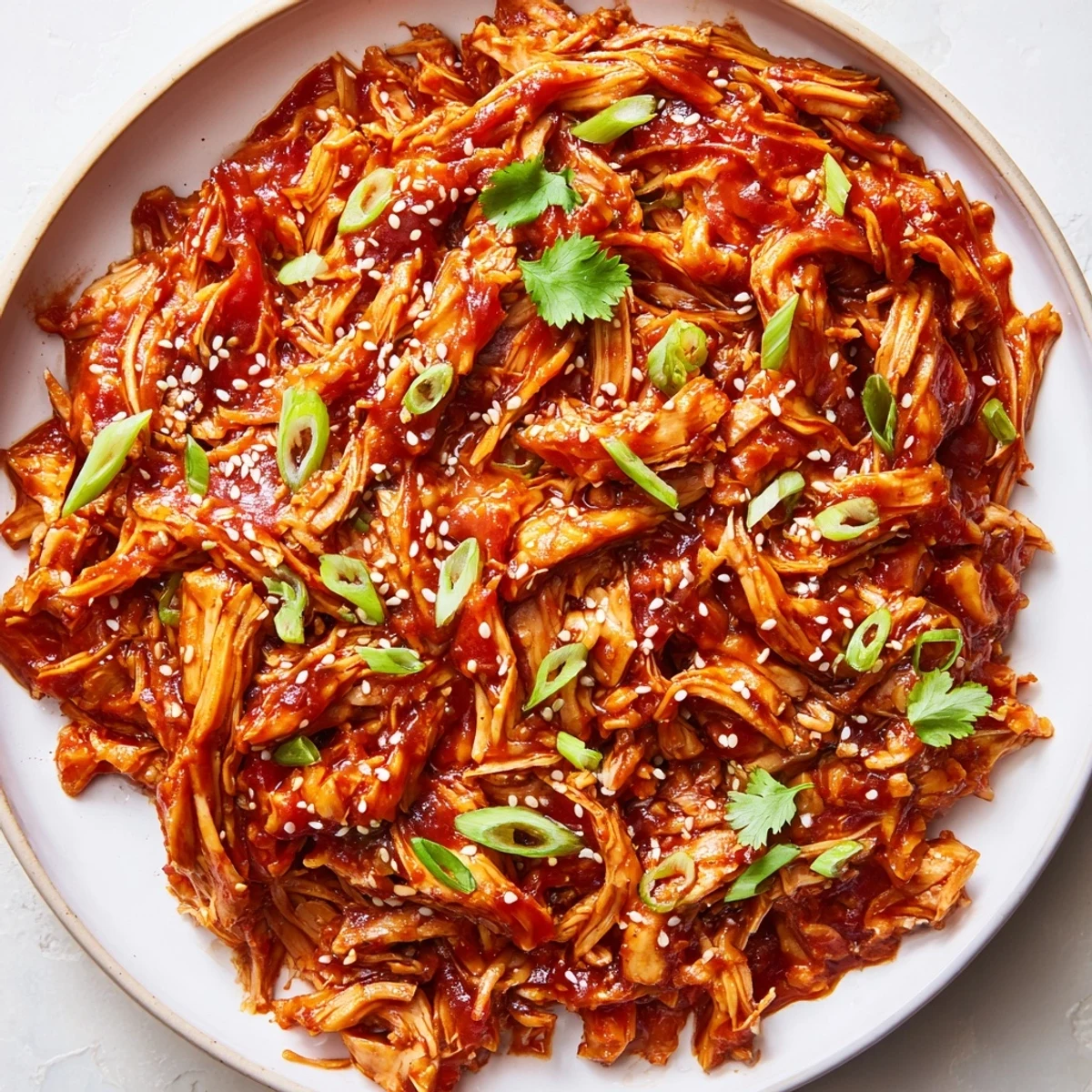 Slow Cooker Sweet Chili Chicken glistening with sticky glaze and topped with fresh green onions