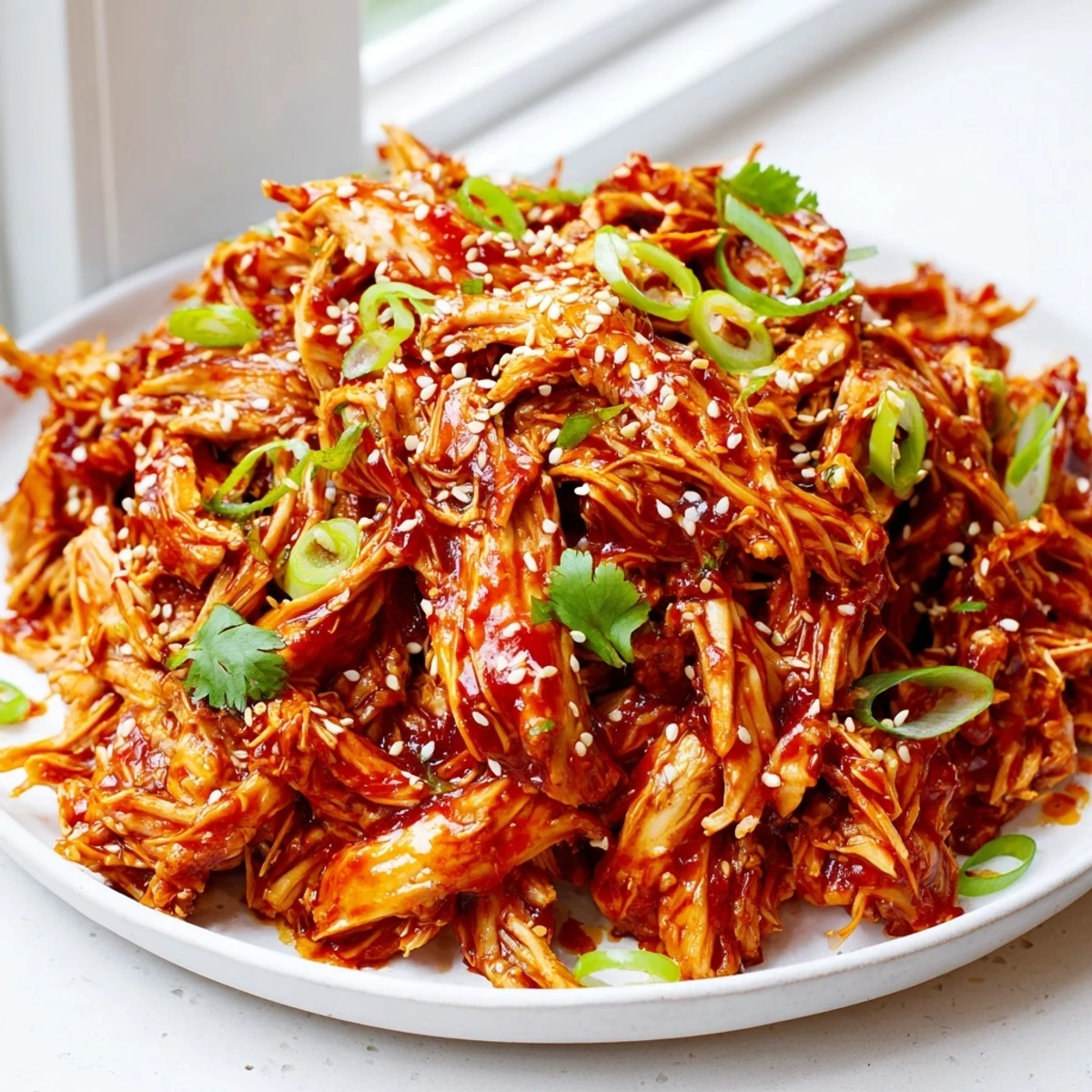 Tender shredded Slow Cooker Sweet Chili Chicken served over fluffy white rice with sesame seeds