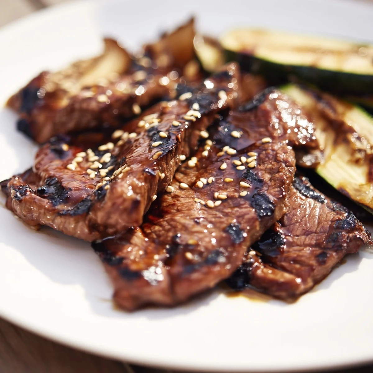 Caramelized beef yakiniku grilling with colorful bell peppers and sliced shiitake mushrooms