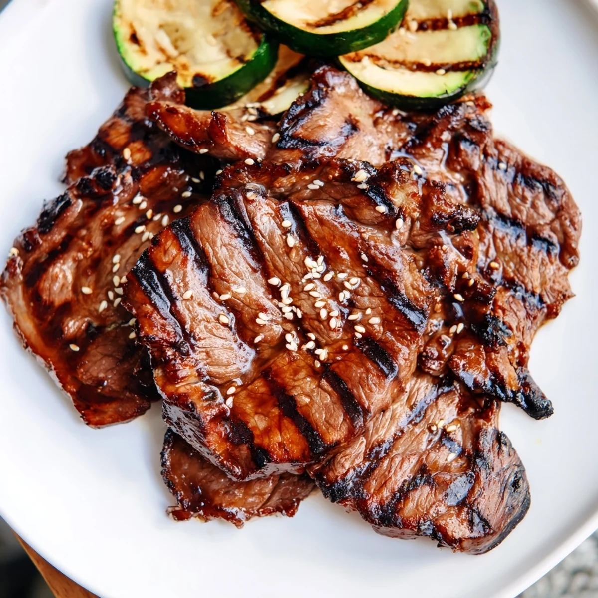 Savory beef yakiniku served over fluffy white rice with charred vegetables