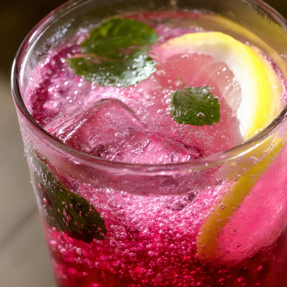 Refreshing honey lemon pink soda in a tall glass with ice cubes and lemon slices garnish