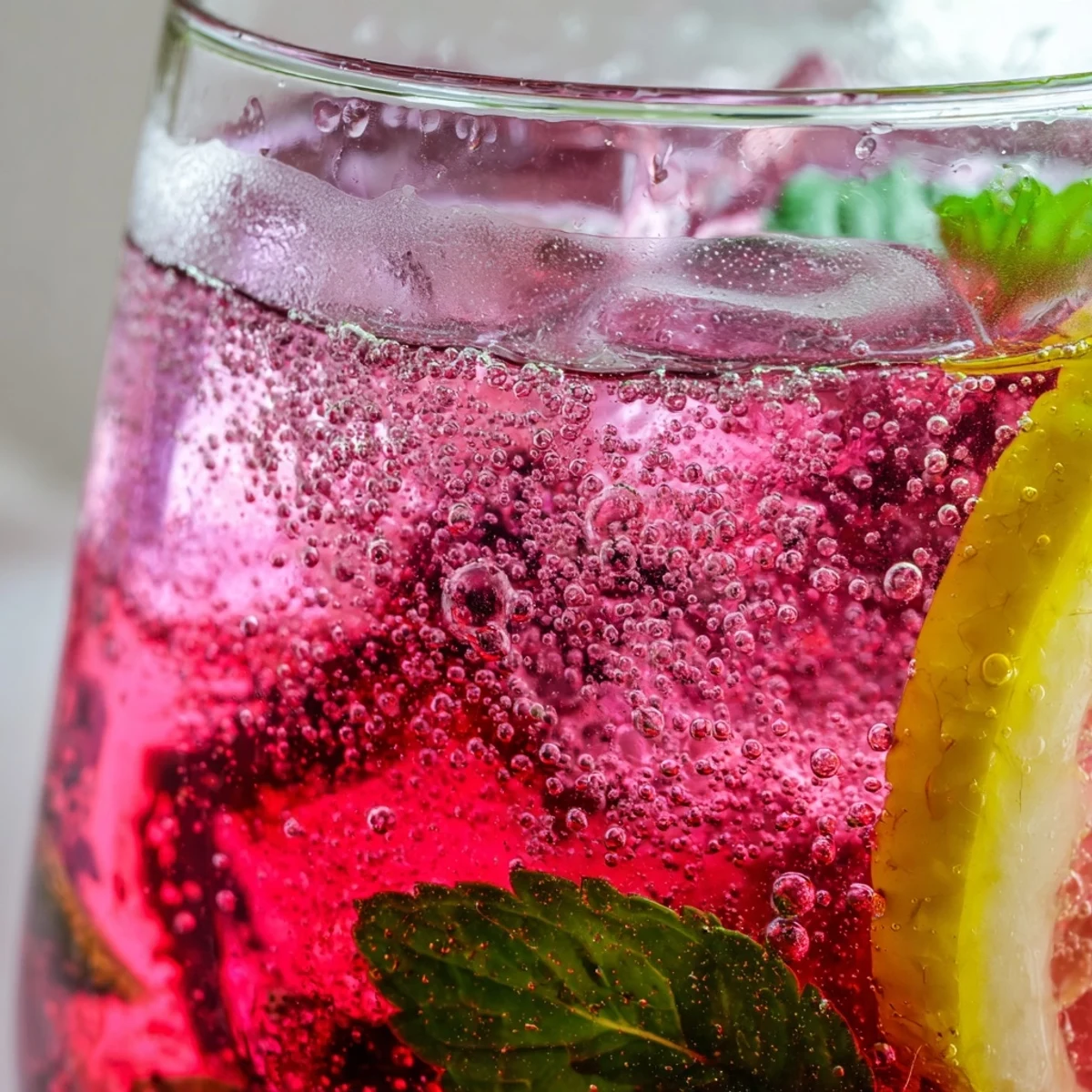 Bubbles rise through this honey lemon pink soda served over ice with fresh mint