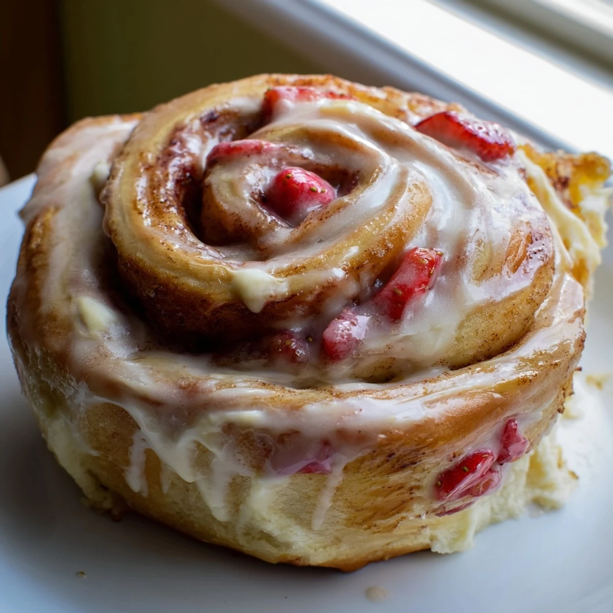 Golden Strawberry Cheesecake Cinnabon Rolls drizzled with creamy vanilla glaze on a white plate
