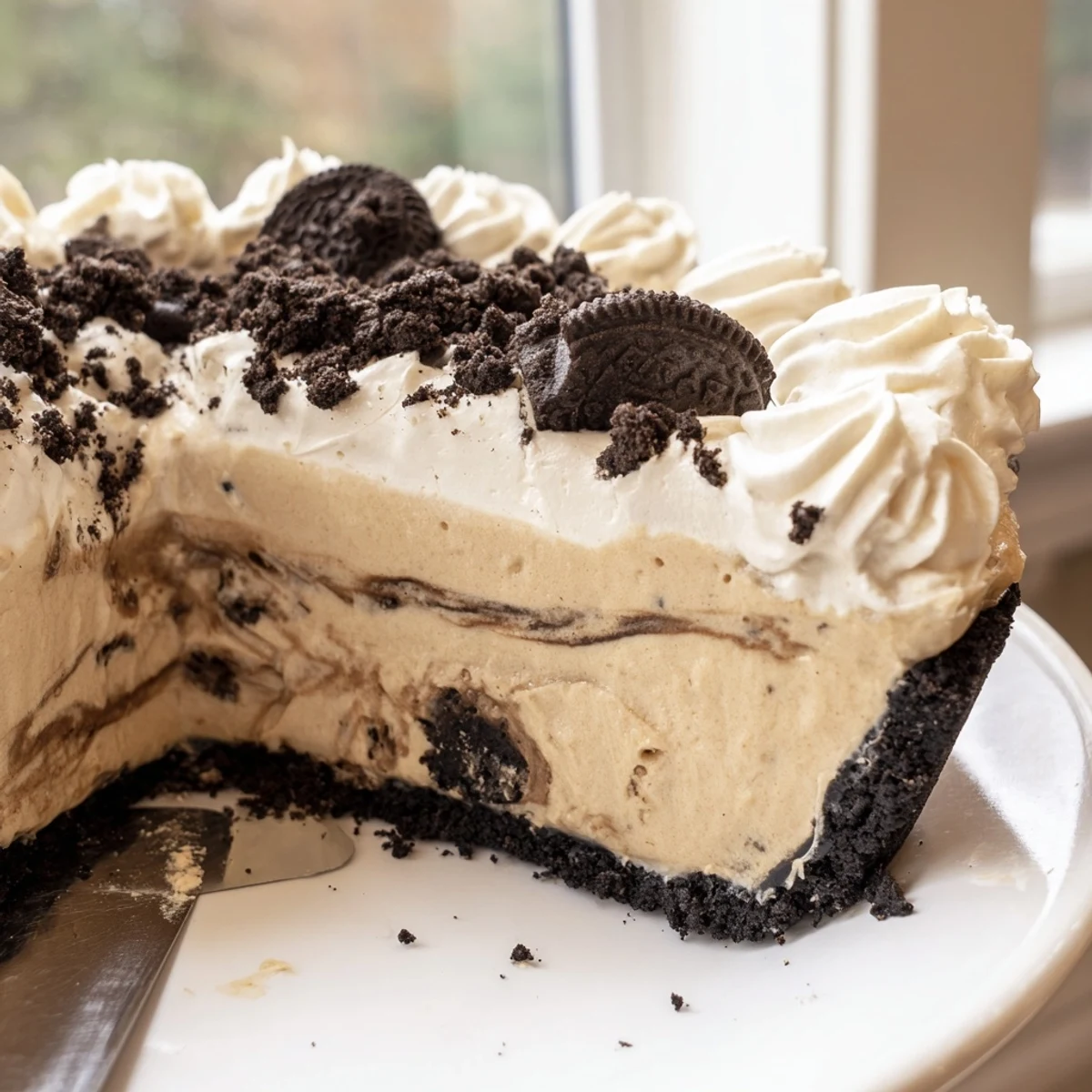 Chilled peanut butter Oreo pie in a dark chocolate crust ready to serve