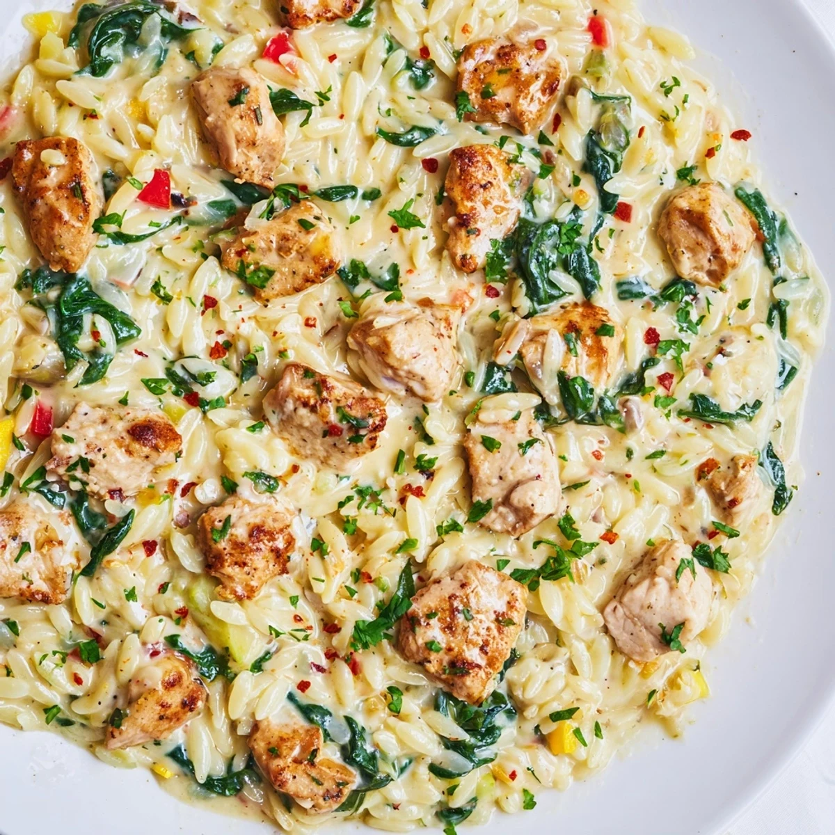 Creamy One Pot Cajun Chicken Alfredo Orzo in a cast iron skillet with fresh parsley garnish