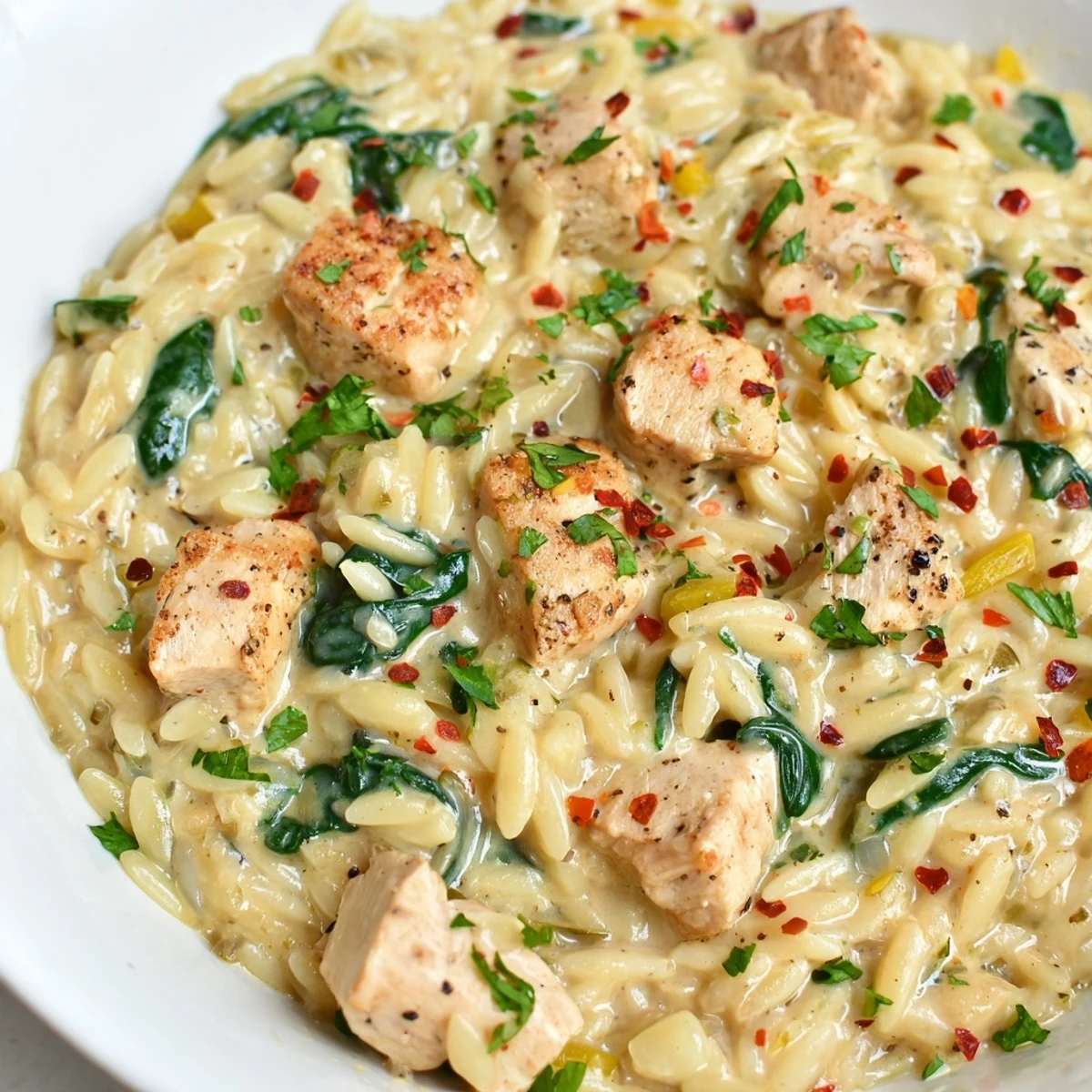 One Pot Cajun Chicken Alfredo Orzo topped with tender seasoned chicken pieces and melted Parmesan