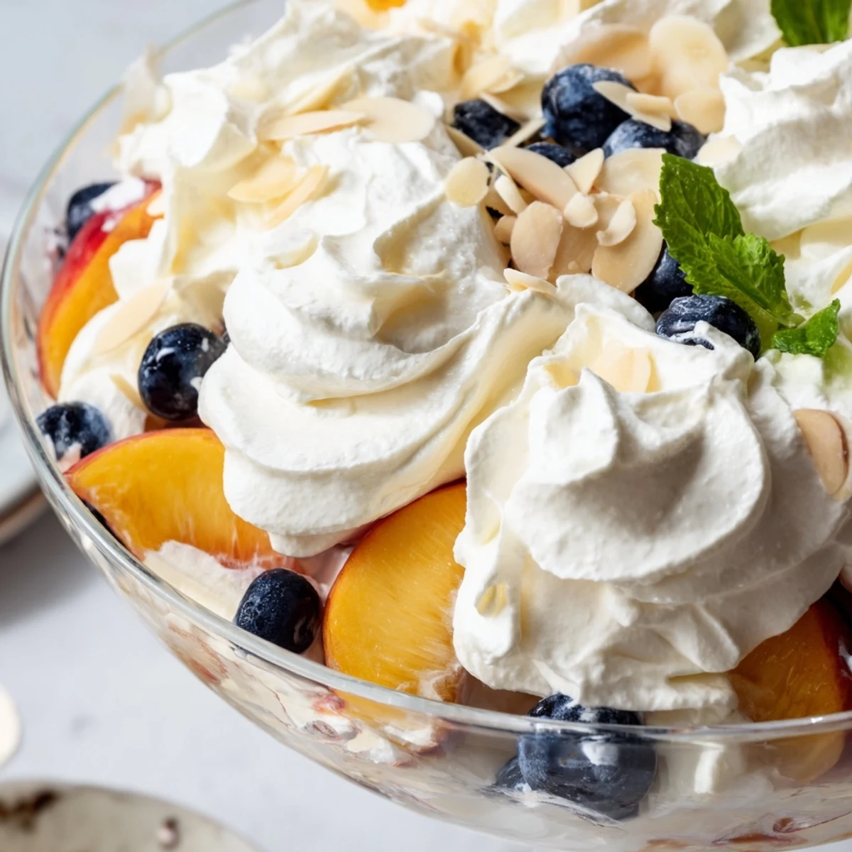 Creamy peaches and cream salad topped with fresh mint and sliced almonds