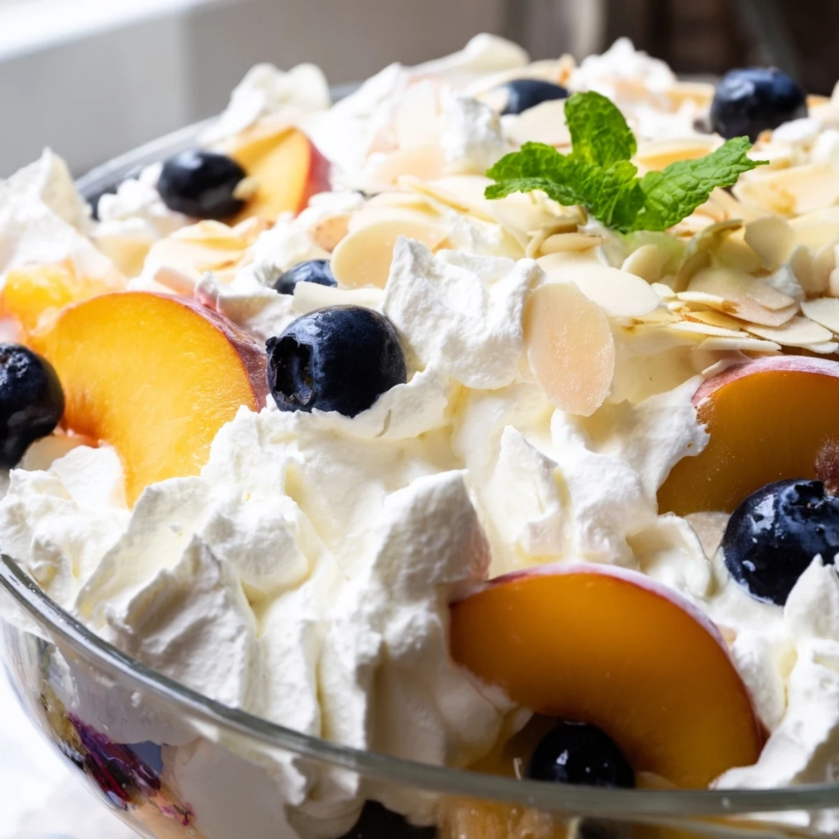 Chilled peaches and cream salad layered with ripe juicy peach slices and berries
