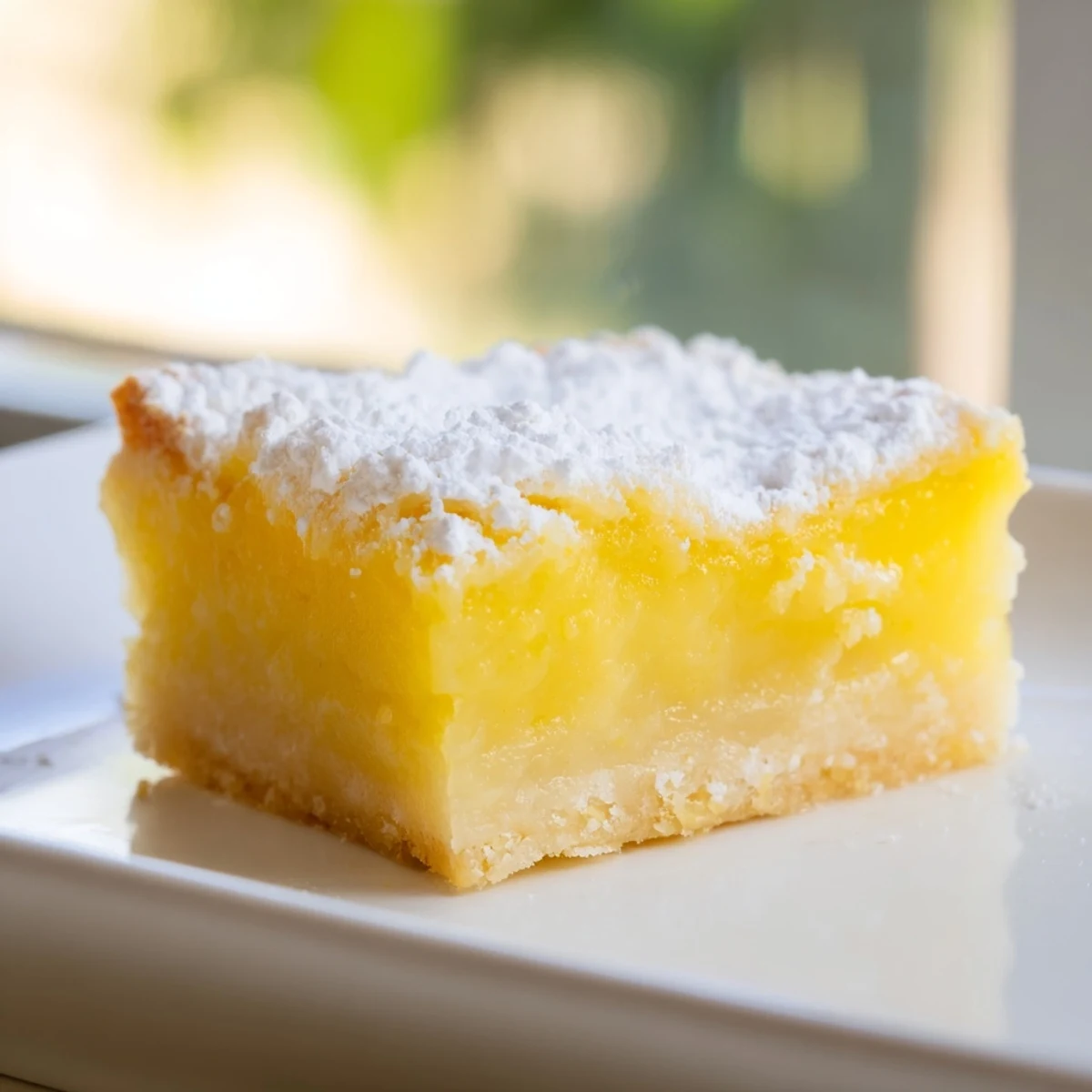 Golden lemon bars with powdered sugar dusting on a rustic white serving plate