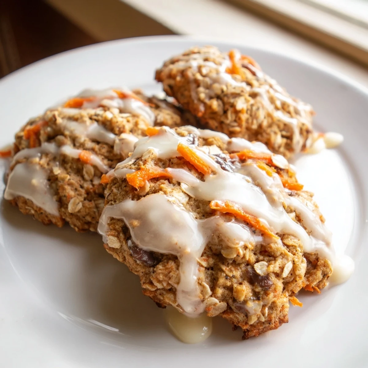 Soft carrot cake cookies with sweet cream cheese drizzle on rustic wooden surface