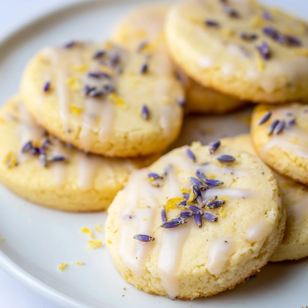 Iced Lemon Lavender Shortbread Cookies with glossy drizzled icing on a rustic white plate