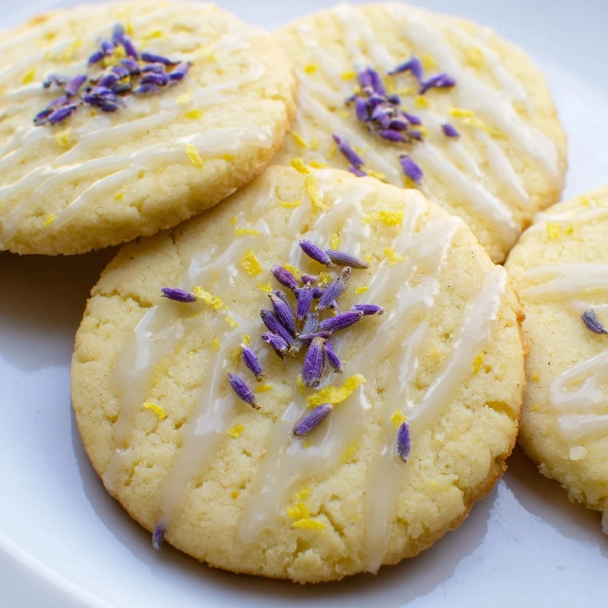 Buttery Iced Lemon Lavender Shortbread Cookies arranged on parchment with delicate lavender bud garnish