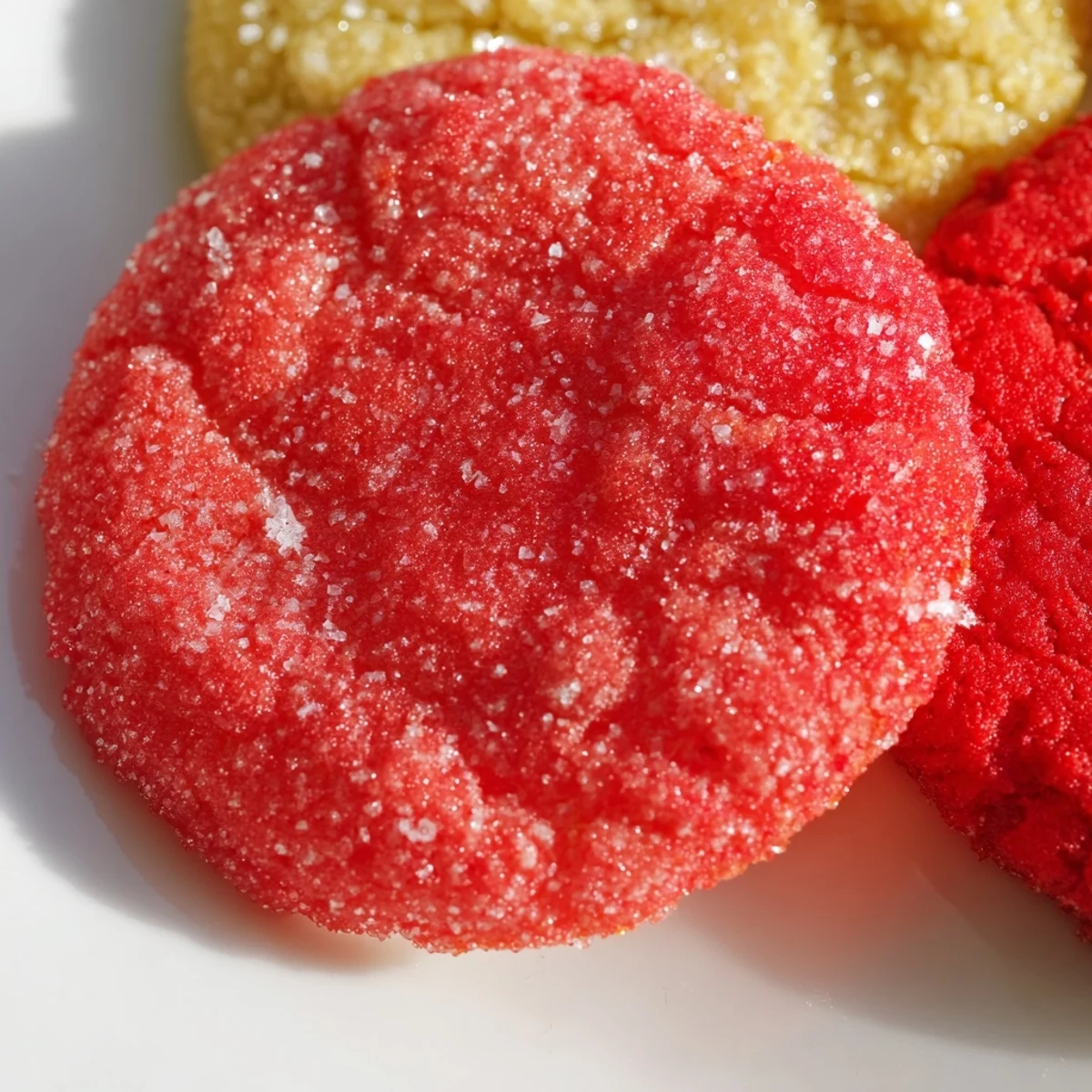 Soft chewy Jello sugar cookies in vibrant pastel hues on a white ceramic plate