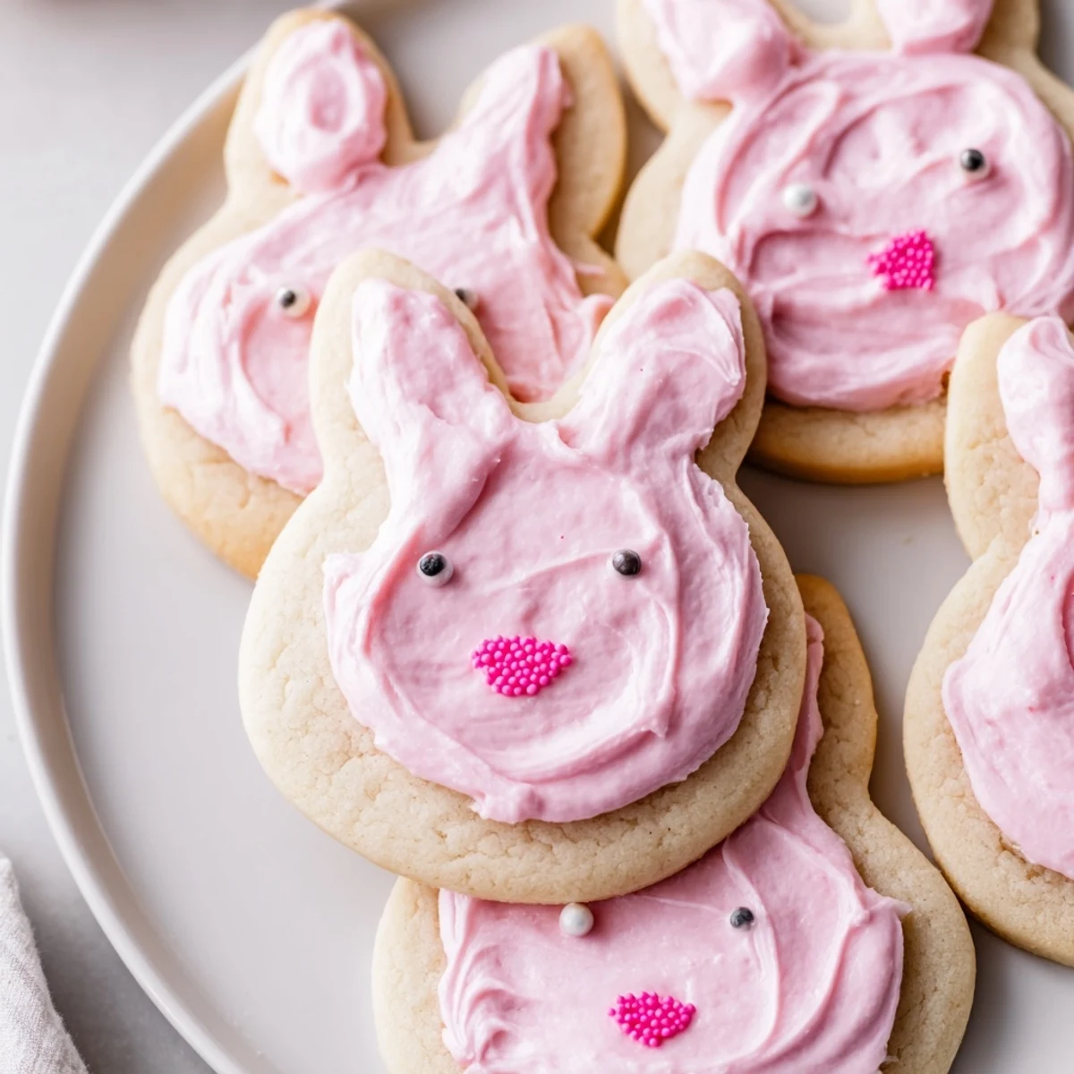Adorable Buttercream Bunny Cookies with pastel pink frosting and candy eyes on rustic white platter