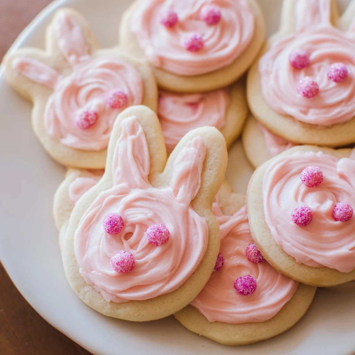 Golden bunny-shaped sugar cookies topped with fluffy swirled vanilla Buttercream Bunny Cookies frosting