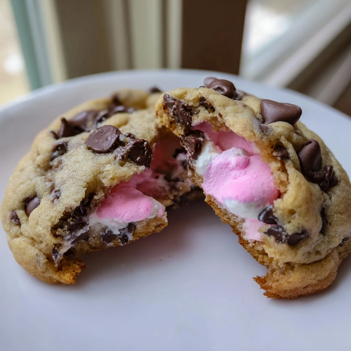 Golden chocolate chip Peep stuffed Easter cookies with melty marshmallow centers on a baking sheet