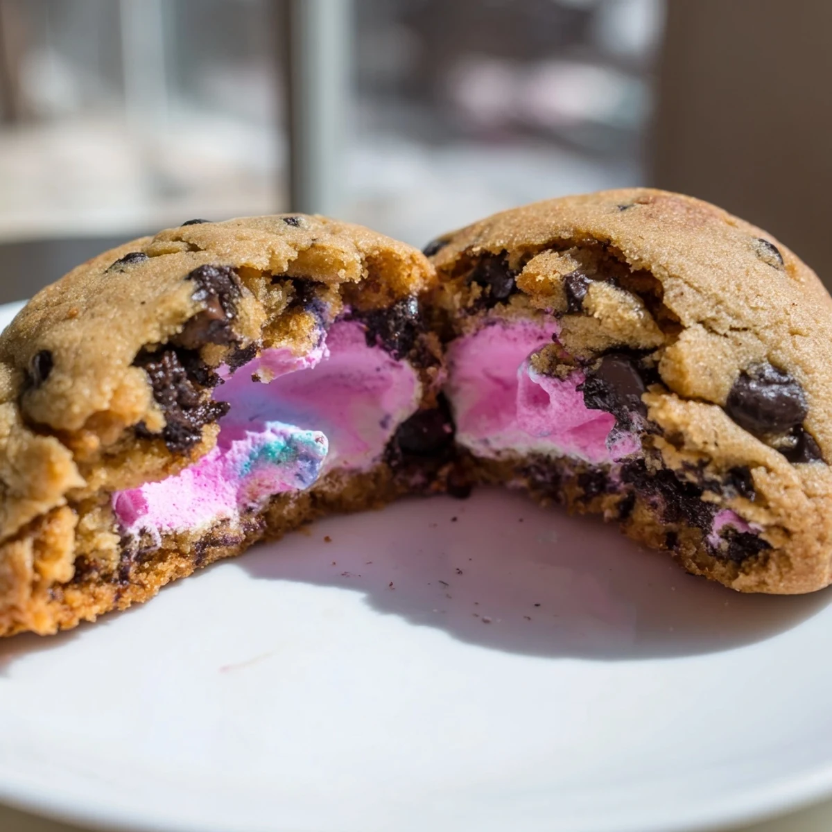 Colorful Peep hidden inside soft chocolate chip Easter cookies with gooey marshmallow filling