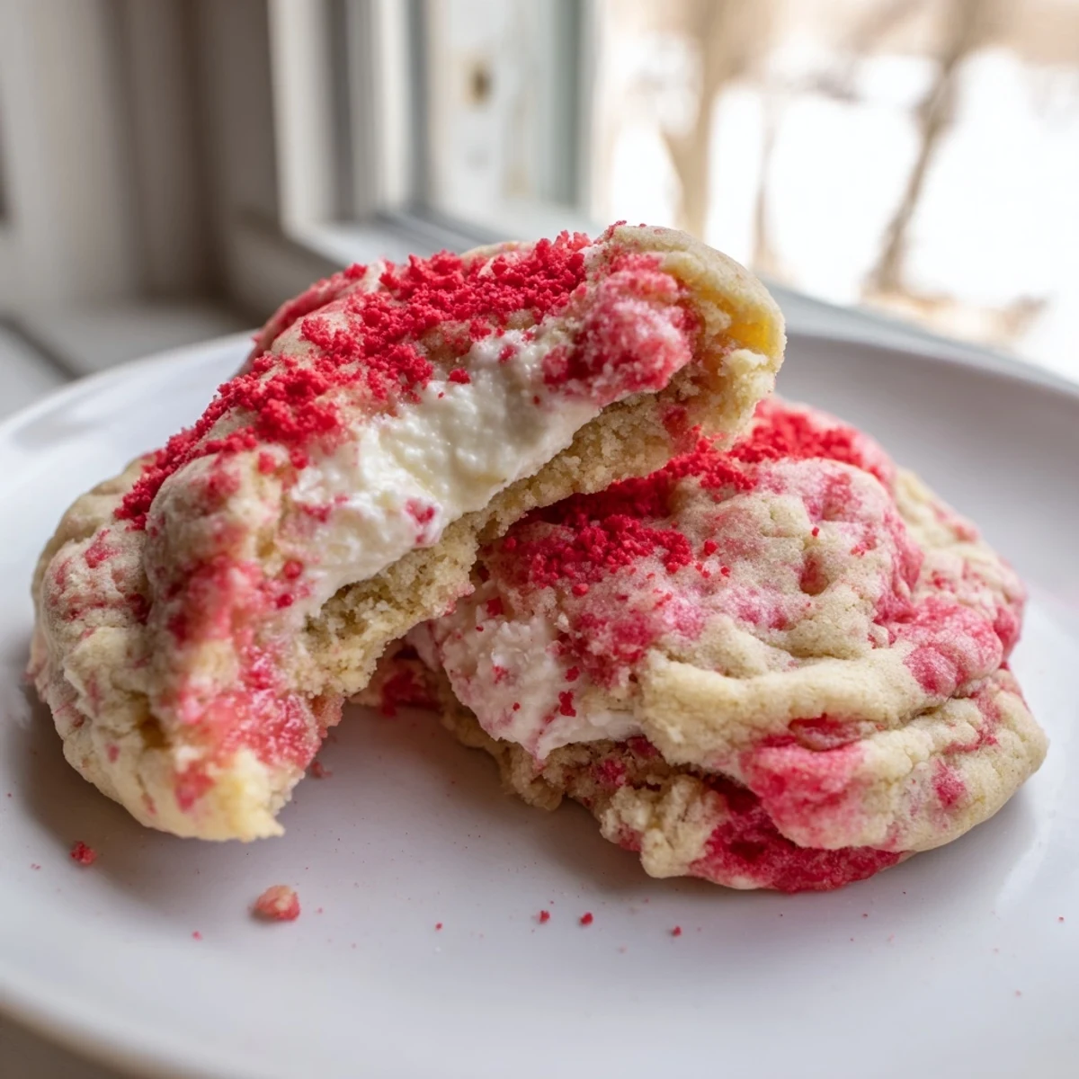 Soft strawberry cheesecake cookies with creamy centers on a rustic white plate