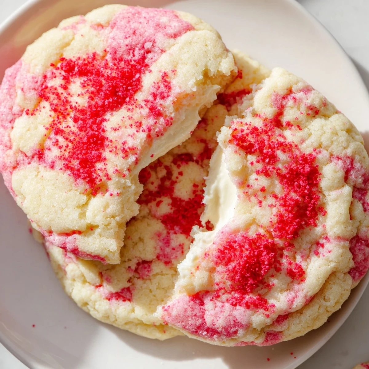 Golden-baked strawberry cheesecake cookies oozing rich cream cheese filling fresh from oven