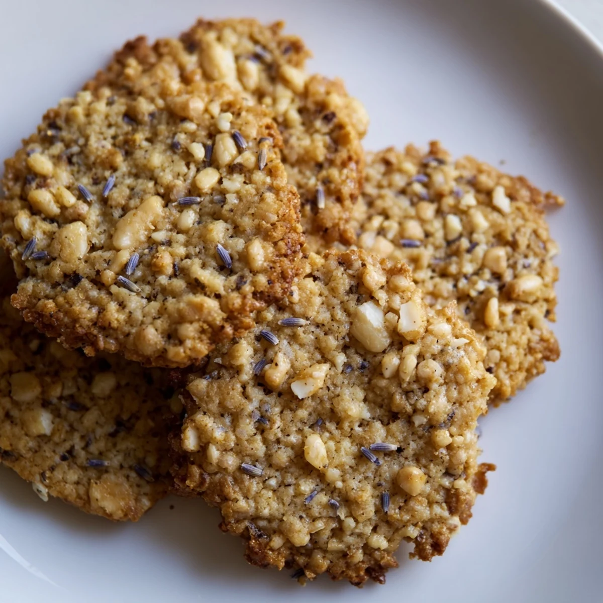 Golden Lavender Honey Crunch Cookies with visible lavender specks and toasted nuts on rustic parchment