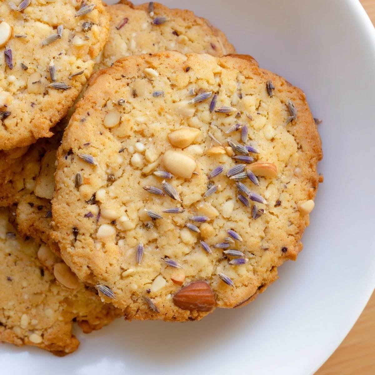 Crispy homemade Lavender Honey Crunch Cookies stacked beside a cup of steaming Earl Grey tea