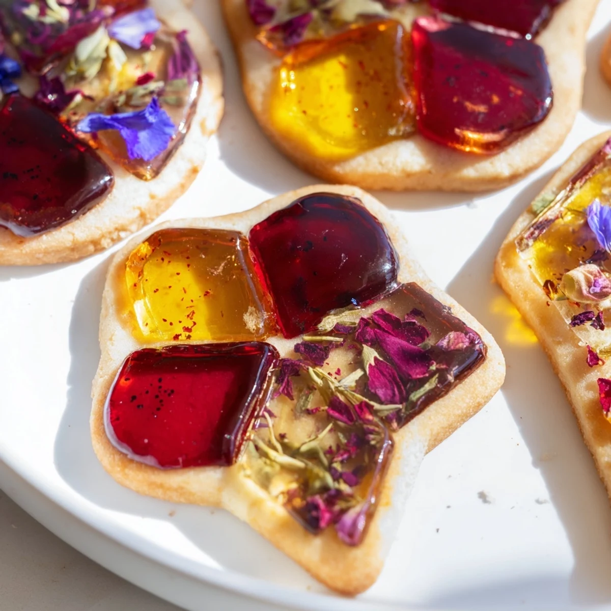 Earl Grey Stained Glass Floral Cookies with translucent candy centers and delicate purple edible blossoms arranged on rustic parchment