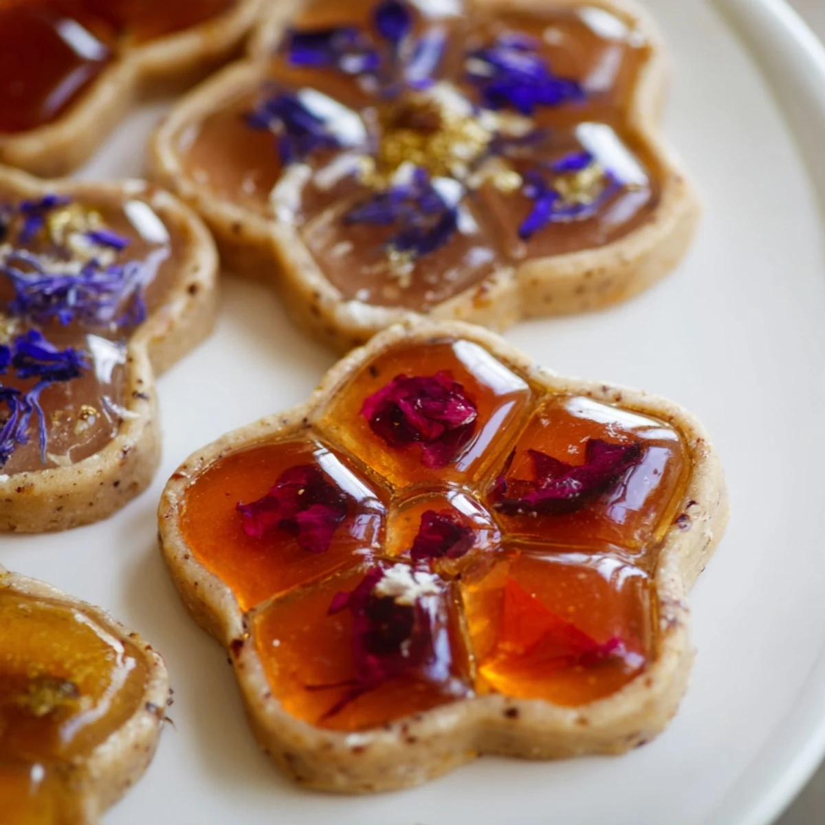 Glamorous Earl Grey Stained Glass Floral Cookies showcasing jeweled candy windows with pressed violets on a white ceramic plate