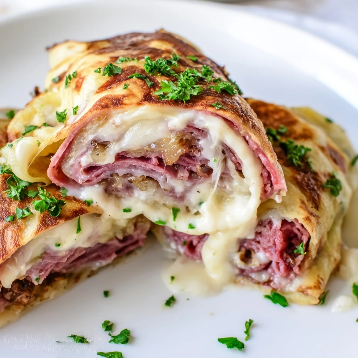 Golden Low Carb Reuben Egg Roll Ups filled with corned beef and melted Swiss cheese