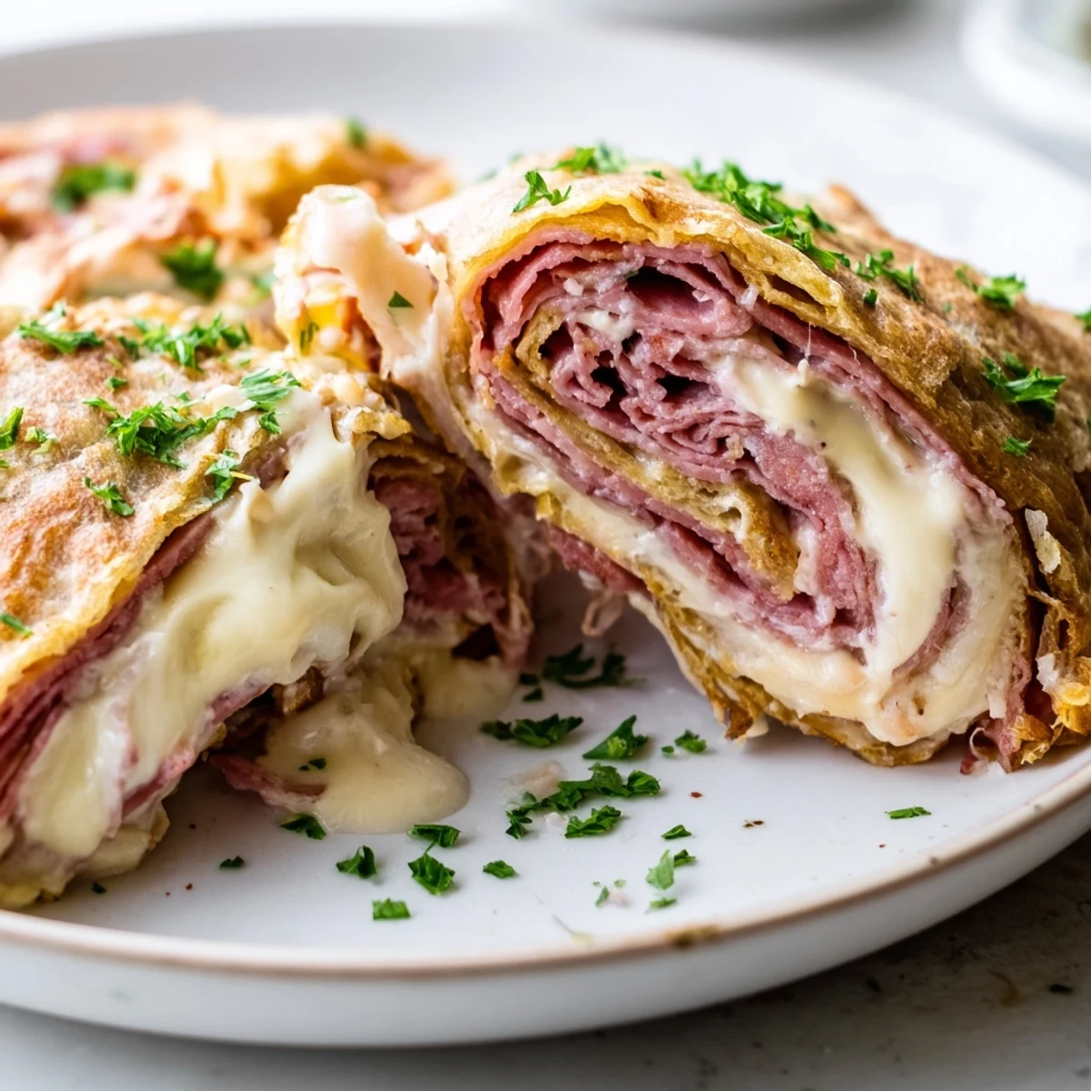 Tender egg wraps stuffed with sauerkraut and tangy dressing in these Reuben roll ups