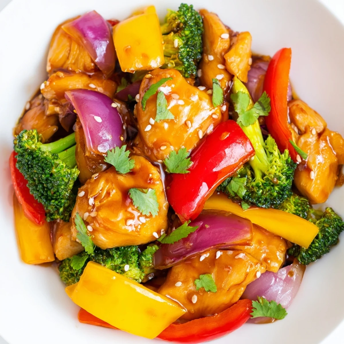 Colorful chicken and vegetable stir fry sizzling in a skillet with vibrant bell peppers