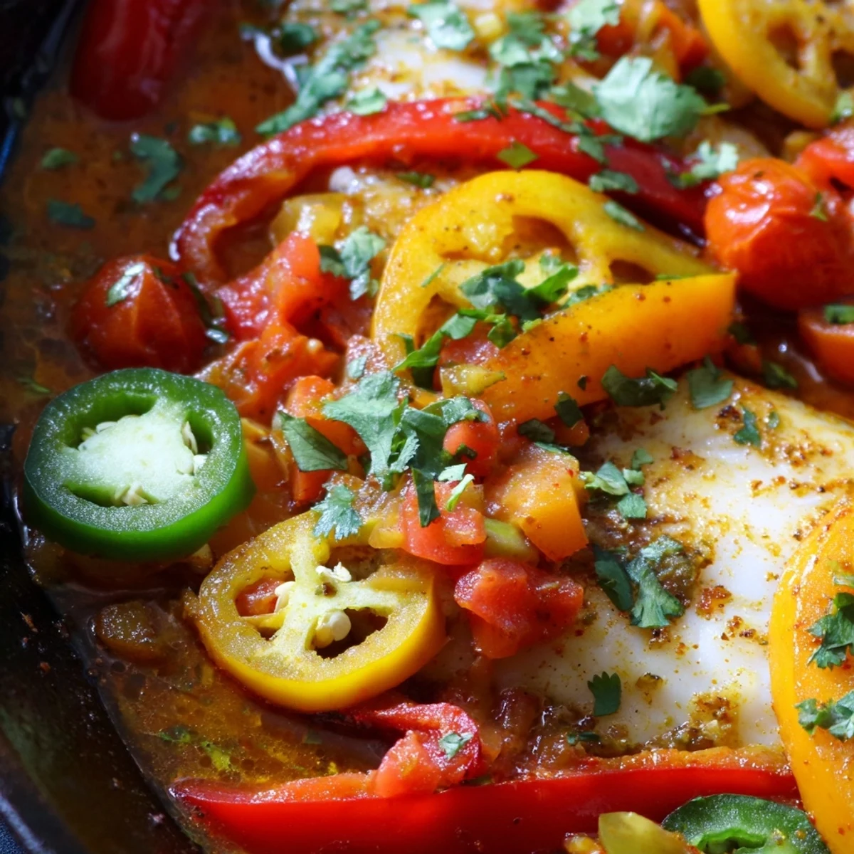 Golden tilapia fillets nestled in colorful roasted peppers with spicy tomato sauce