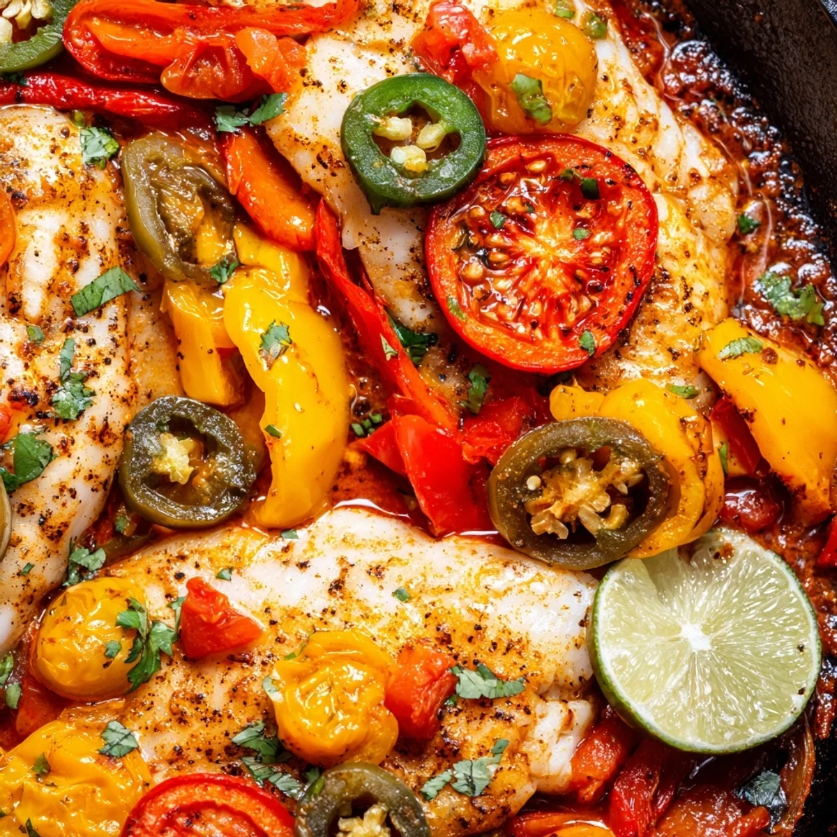Spicy roasted pepper tilapia skillet garnished with fresh cilantro and lime wedges