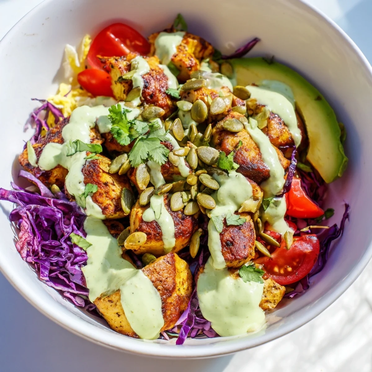 Keto bowls featuring crisp romaine, grilled chicken, and vibrant vegetables drizzled with dressing