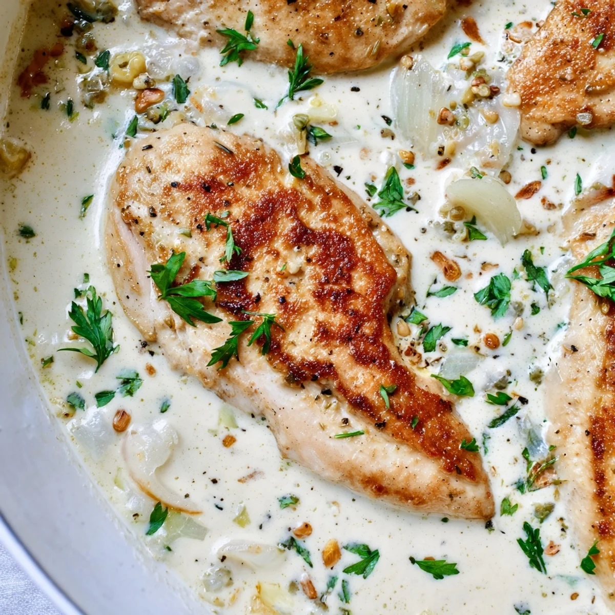 Creamy garlic chicken in velvety white sauce topped with fresh parsley garnish