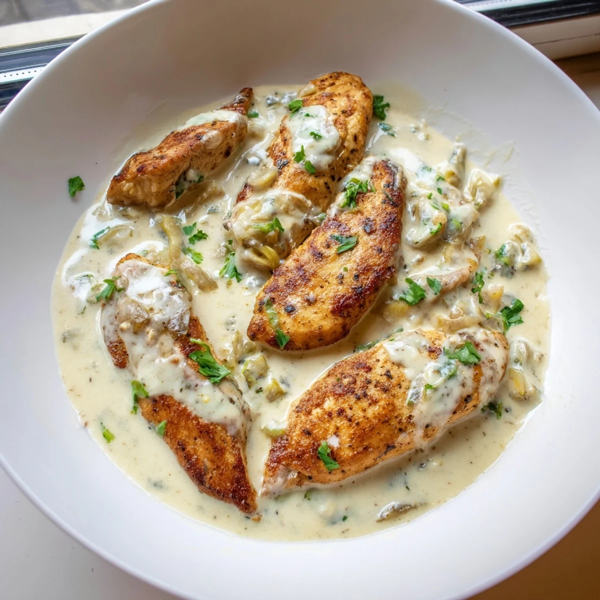 Golden seared creamy garlic chicken breasts smothered in rich Parmesan sauce
