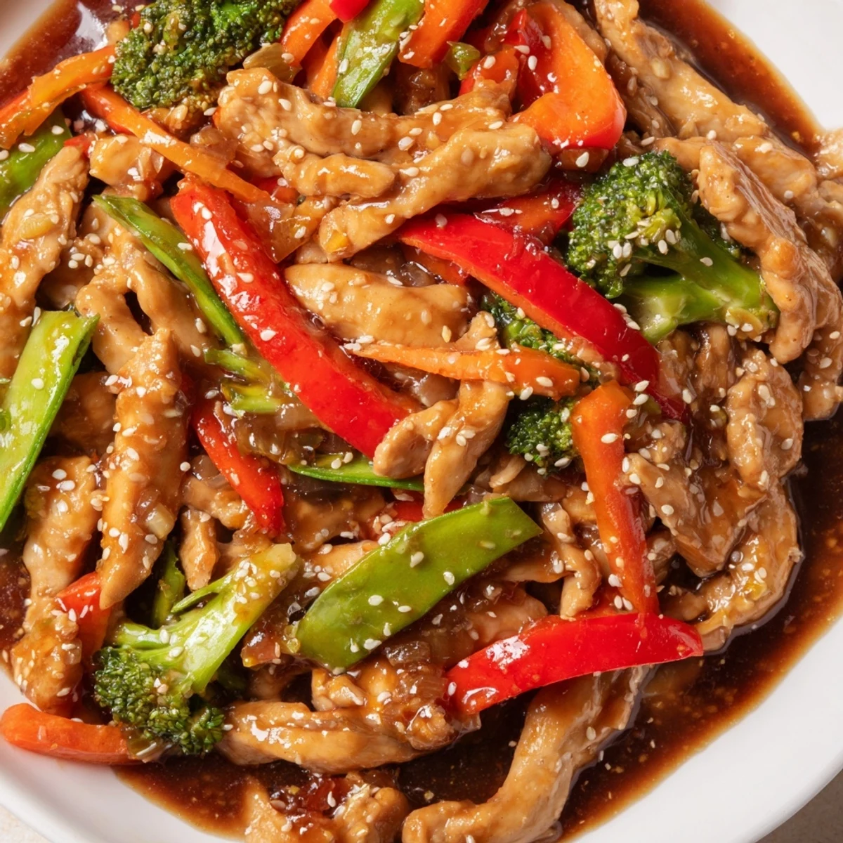 Sesame soy chicken stir fry in a wok with colorful crisp vegetables and glossy sauce