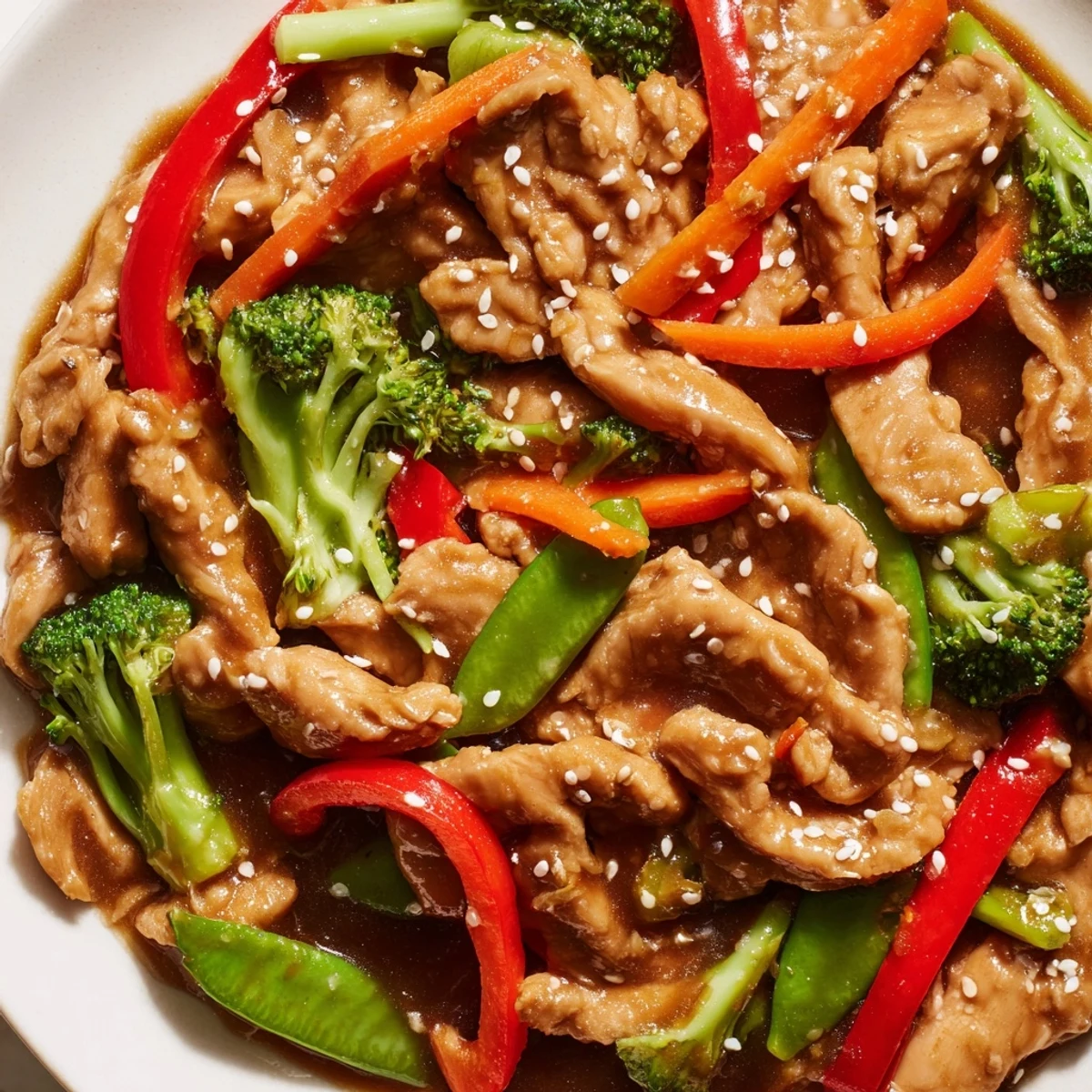 Tender sesame soy chicken stir fry topped with sesame seeds in a black skillet