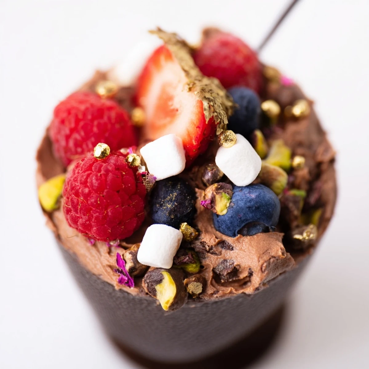Decadent chocolate grazing cups filled with silky mousse and topped with fresh berries