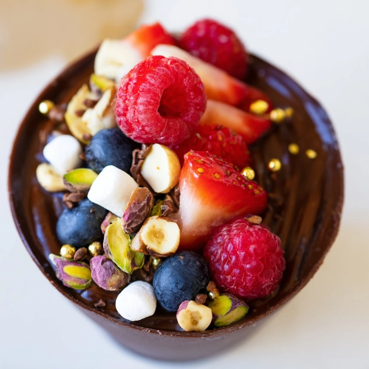 Rich chocolate mousse cups garnished with berries, nuts, and chocolate curls