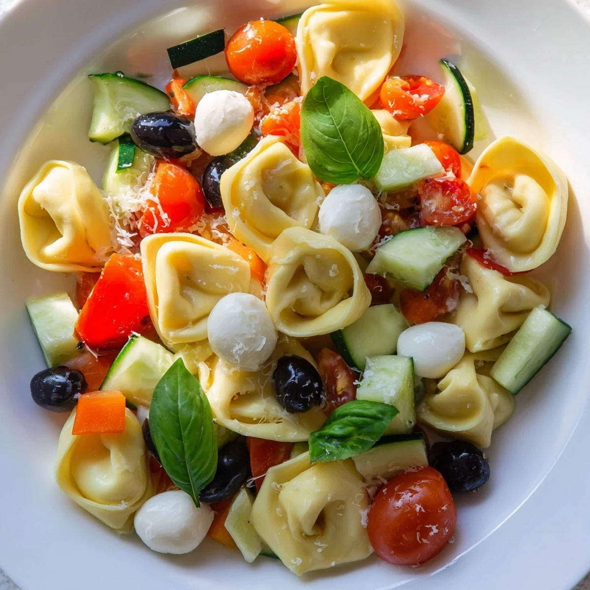Creamy cheese tortellini salad featuring crisp vegetables and mozzarella, drizzled with herb dressing