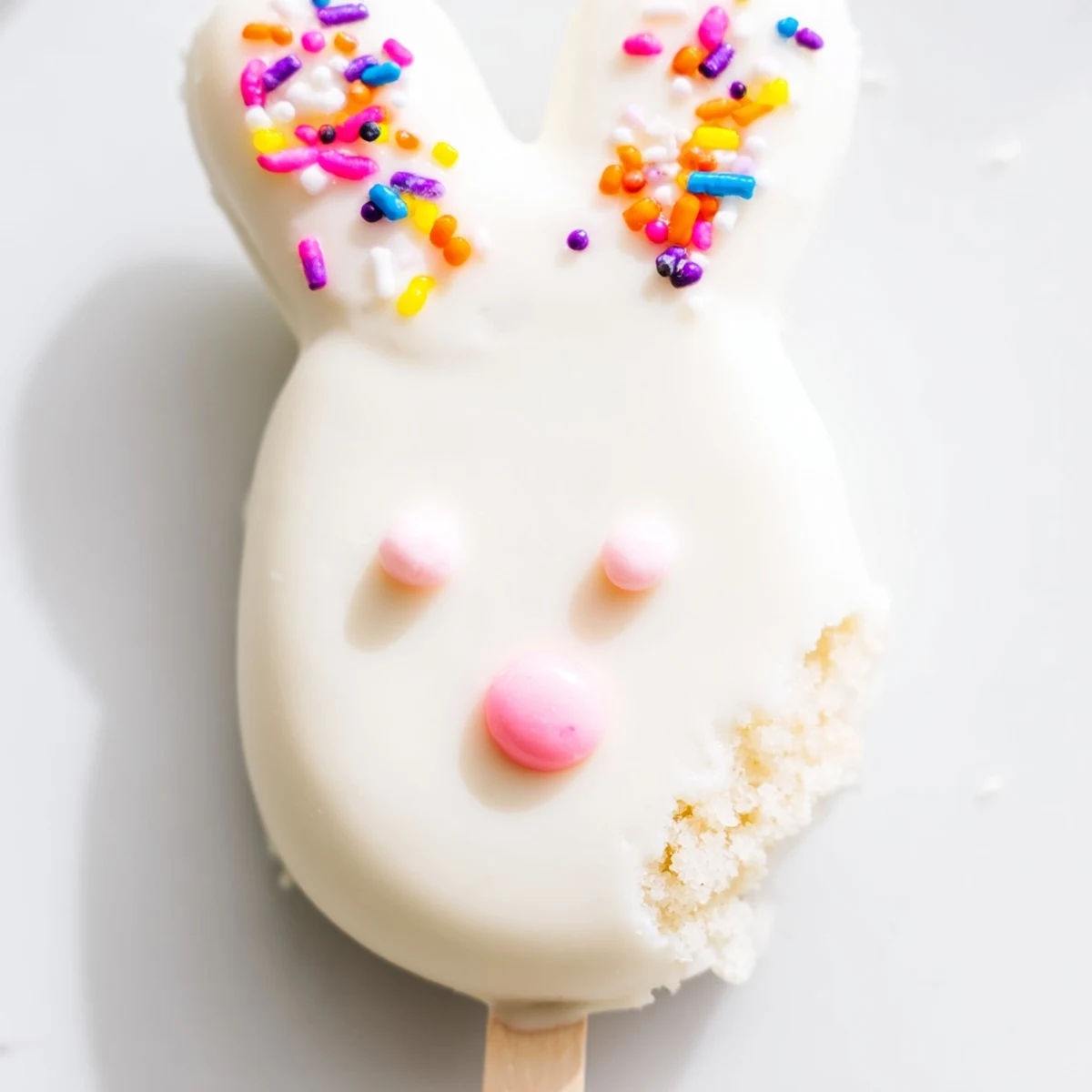 Creamy white chocolate bunny cakesicles decorated with sprinkles for festive Easter treats