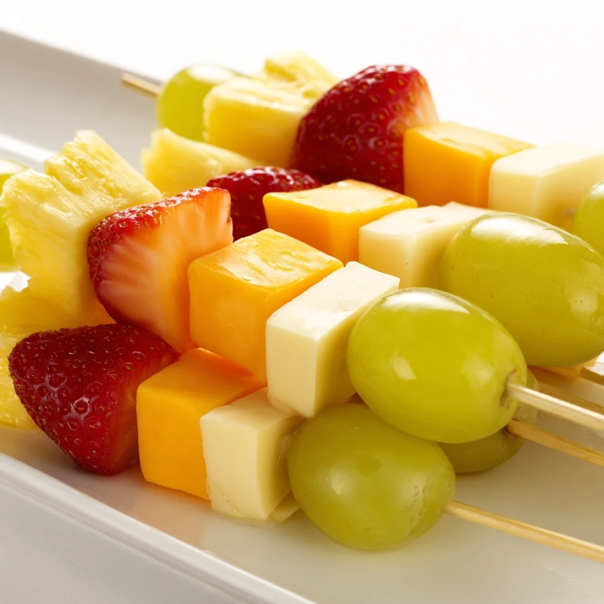 Colorful fruit and cheese kabobs featuring alternating red grapes, strawberries, and creamy Monterey Jack pieces