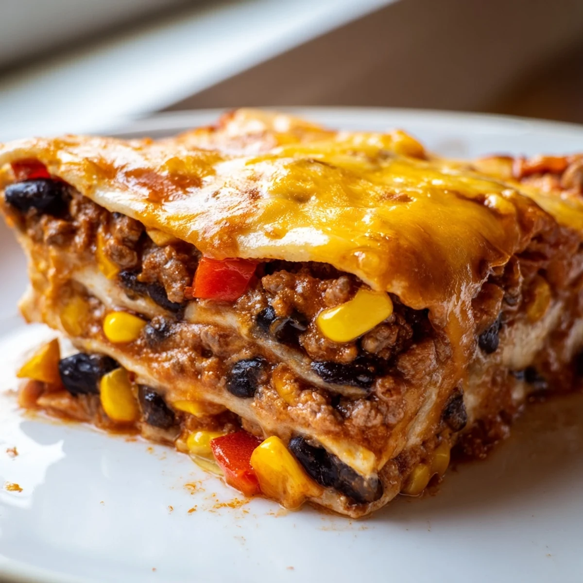 Golden Mexican lasagna with melted cheese and seasoned beef layers steaming hot