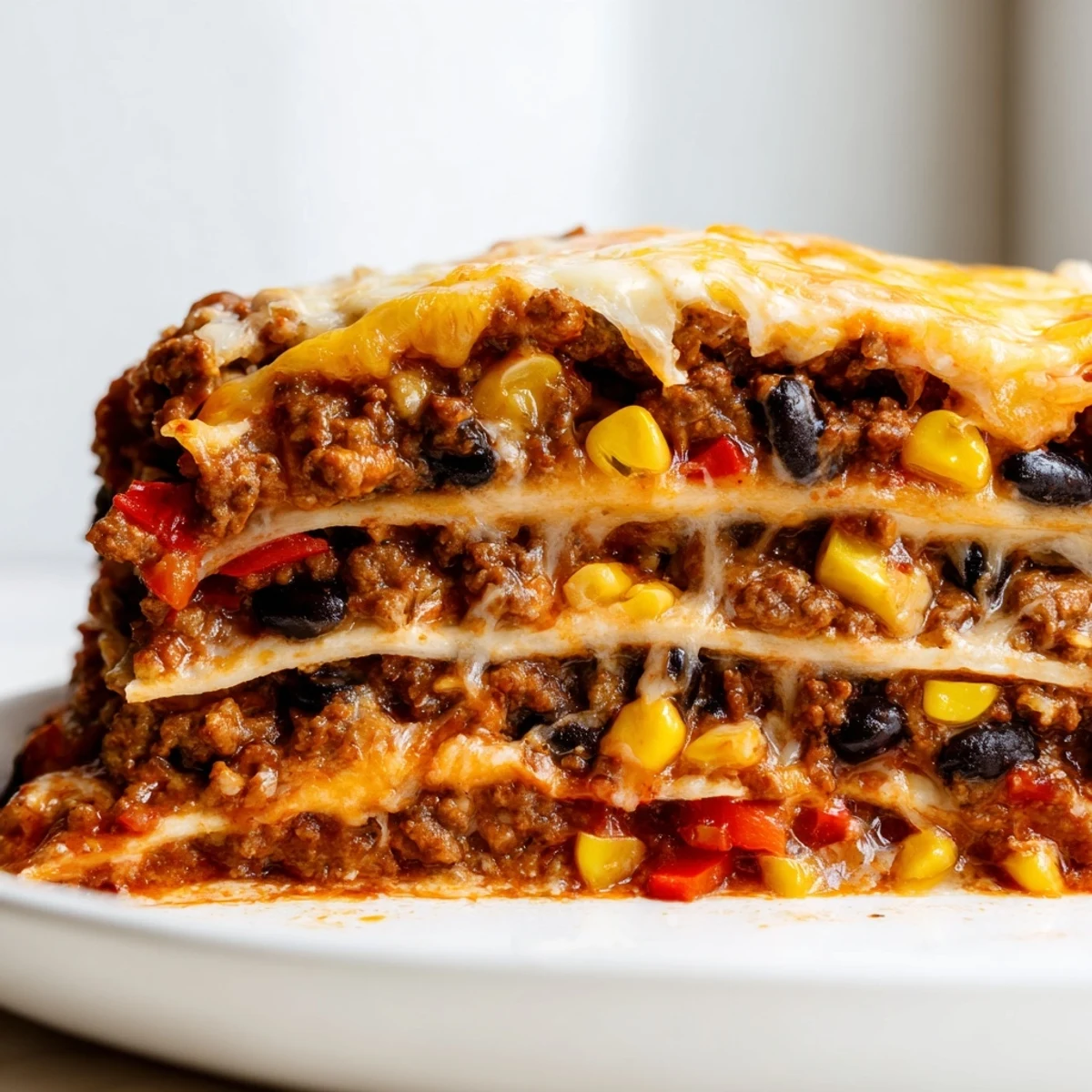Mexican lasagna bubbling with gooey cheese beans and spicy ground beef