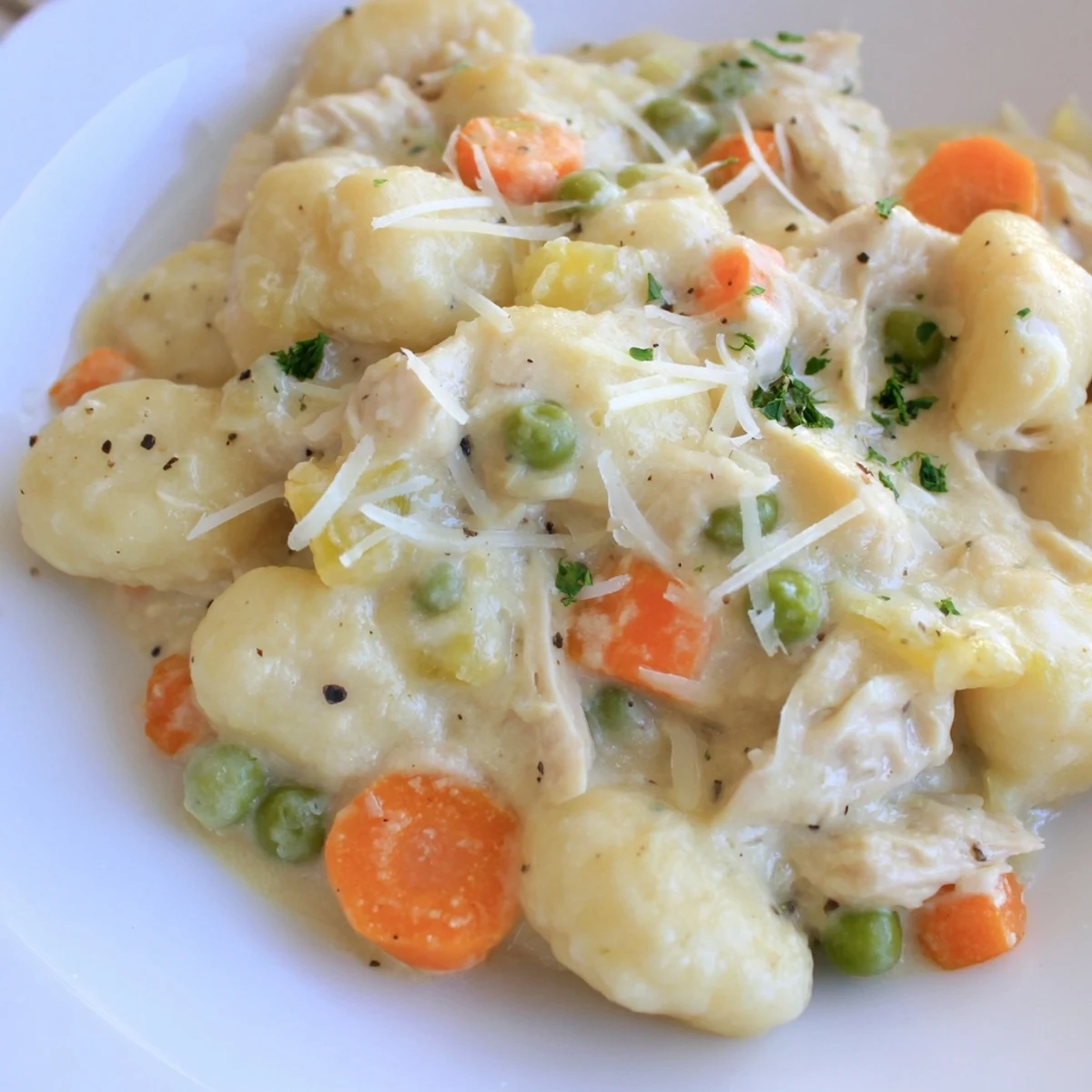 Creamy One Pot Gnocchi Chicken Pot Pie in a rustic skillet with tender vegetables and golden sauce