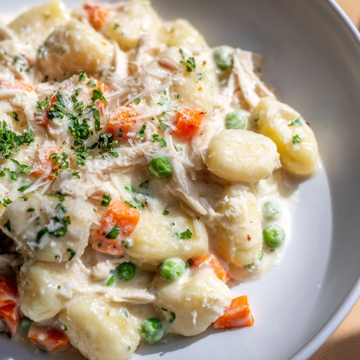 Golden One Pot Gnocchi Chicken Pot Pie served in a cast iron pan with fresh parsley garnish
