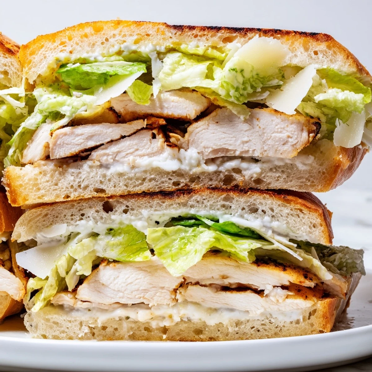 Golden grilled chicken Caesar sandwich with crisp romaine and creamy dressing on toasted ciabatta